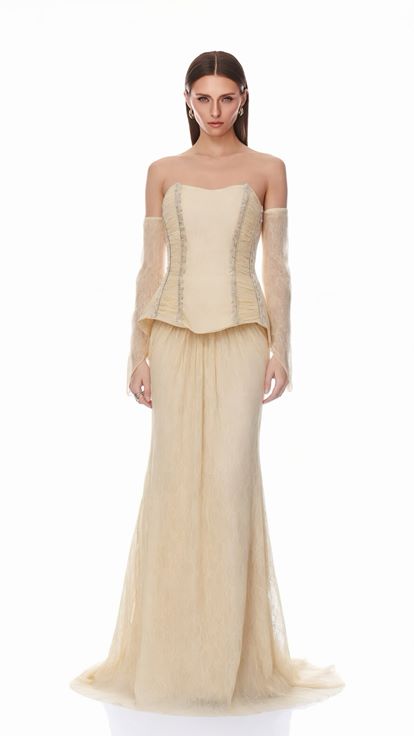Bej Peplum Detaylı  Dantelli Abiye  Elbise